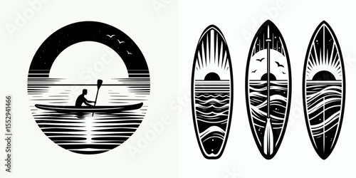 Paddleboard. Sports Game Athlete Fitness Exercise Equipment Clipart Line Art Vector Illustration. Surf boarding gear water sport for coast fun and outdoor journeying.