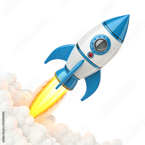 Cartoon rocket ship launching with blue accents and smoke against a black background in illustration created with generated ai