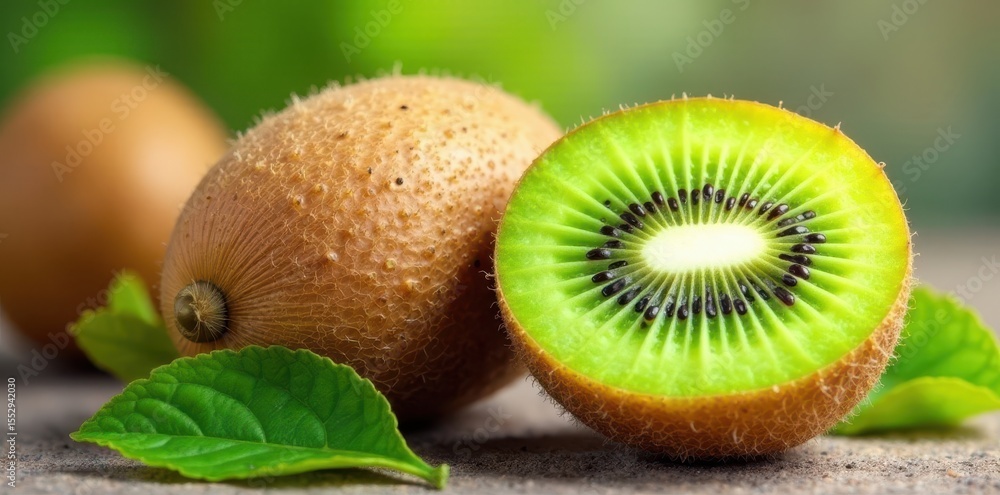Fototapeta premium Fuzzy brown kiwi skin, vibrant green flesh, watercolor style, healthy, botanical