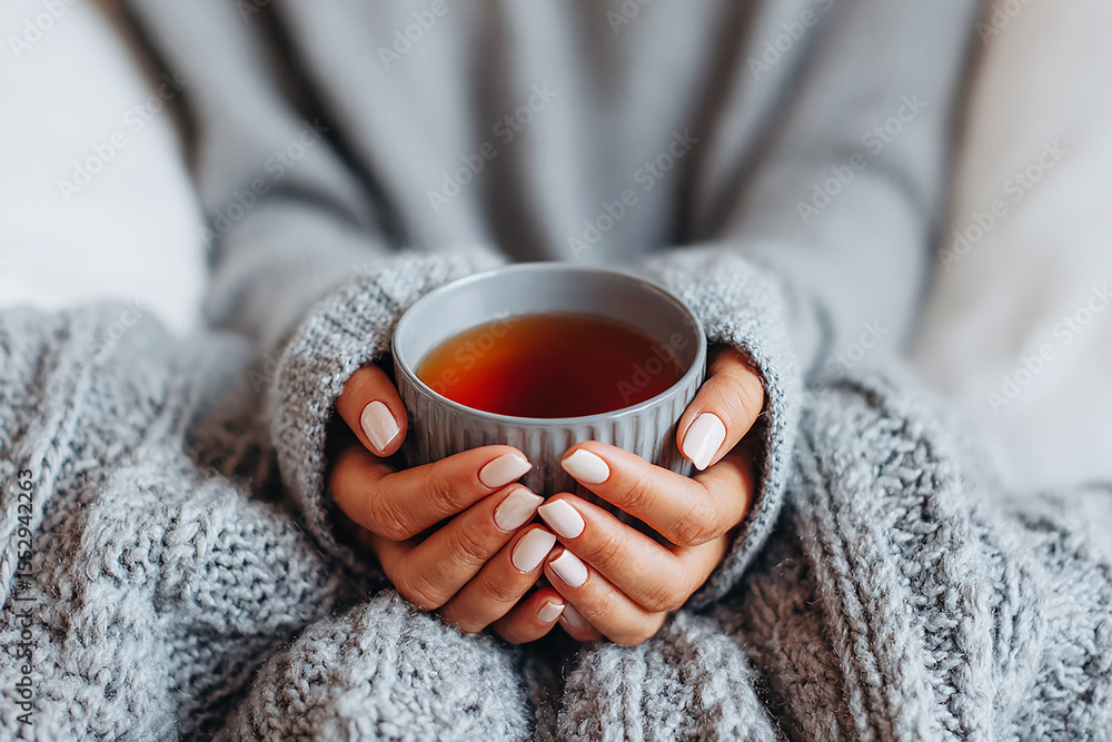 Woman hands holding a cup of tea wearing a cozy and warm clothes Woman hands holding a cup of tea wearing a cozy and warm clothes