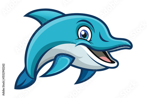 Joyful blue cartoon dolphin swims happily, displaying a cheerful, wide open mouth expression