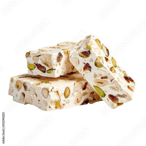 Close-up shot of a delicious, inviting nougat block, bursting with nuts, displaying its satisfying texture