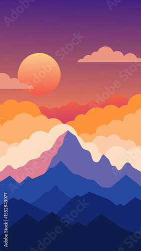 Vibrant mountain range at sunset with a large sun and colorful clouds