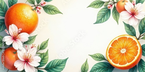 Luscious oranges & blossoms, vibrant watercolor detail, orange, painting