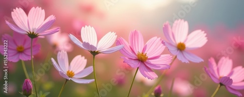 Pink and white cosmos blossoms, gentle breeze, aesthetic, botany