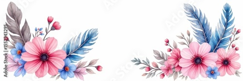 Rustic pink & blue floral composition, watercolor vintage style, isolated feathers , feathers, petals, wedding