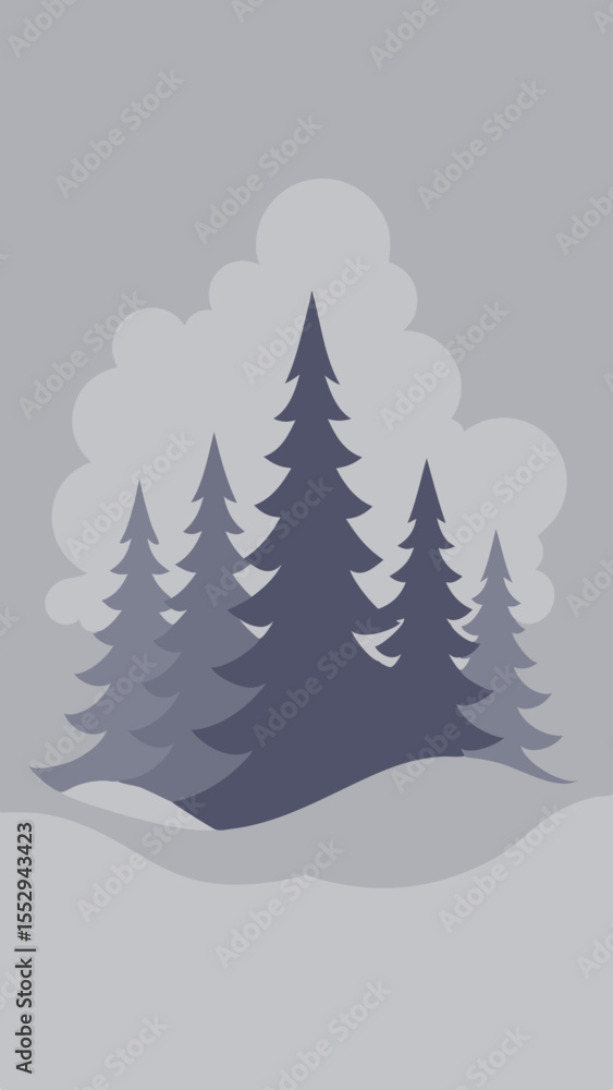 Fototapeta premium Stylized winter forest scene with dark blue pine trees and soft grey clouds