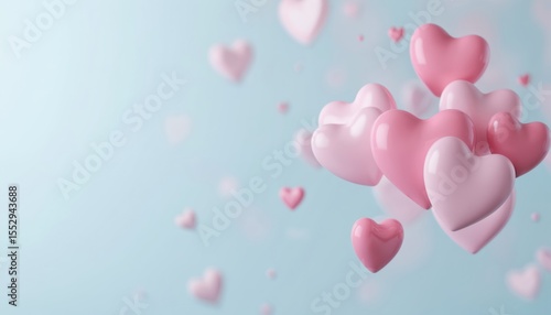 Valentine background with floating pink hearts on light blue. Love, romance for wedding invitation, February 14 greeting card. Sweet lovely design for anniversary, engagement, celebration, gift.