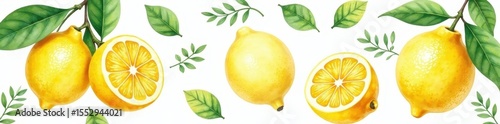 Vibrant watercolor lemons & leaves, hand-drawn style , art, sketch