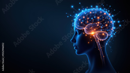 VNS - A medical illustration shows a human head with highlighted brain and nerves to depict vagus nerve stimulation for health-related concepts such as neurology, psychiatry, or depression treatments.