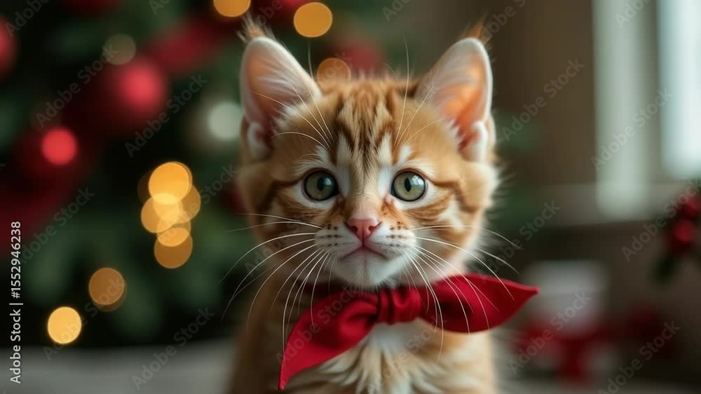Portrait of a cute kitten with a red bow on his neck against the background of a New Year or Christmas tree, New Year card Portrait of a cute kitten with a red bow on his neck against the background of a New Year or Christmas tree, New Year card