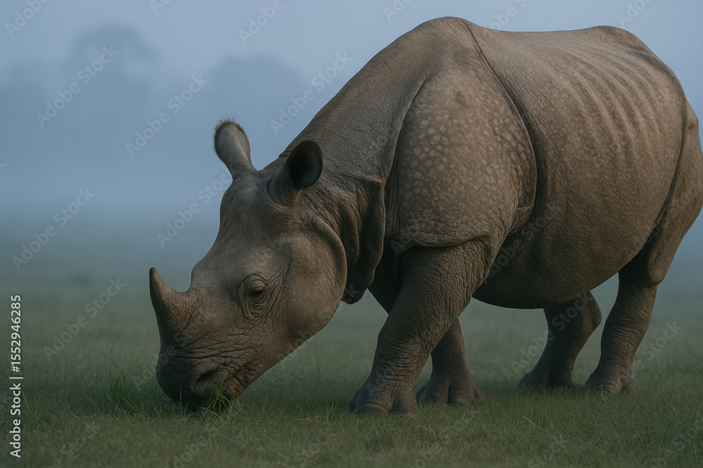 Obraz premium Solitary rhinoceros grazing on misty grassland at dawn with soft natural light and subtle background trees