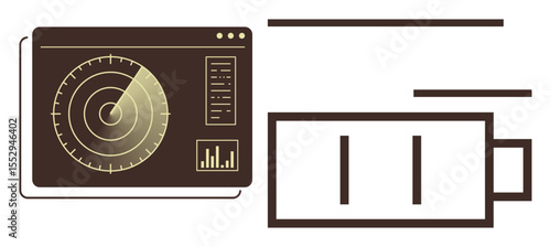 Radar display with circular scanning grid and stats beside a battery icon indicating charge. Ideal for energy, surveillance, monitoring, data tracking, technology, security, simple flat metaphor