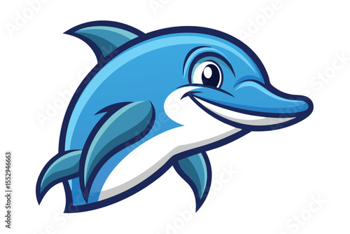 Cheerful blue dolphin cartoon character smiles showing white belly and fin details against a white background