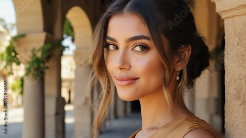 A beautiful woman with radiant skin and a captivating gaze, standing gracefully