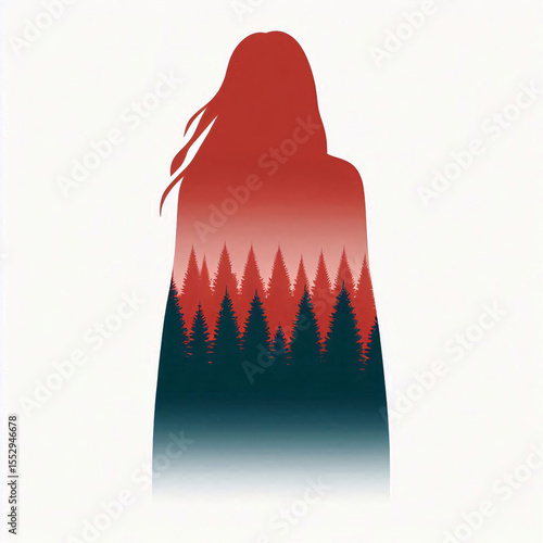 Red silhouette of Indigenous woman dissolving into trees, powerful symbol of silence and loss in social justice artwork