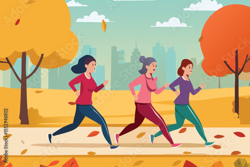 Diverse women jog in a city park, embracing an active, healthy lifestyle vector illustration