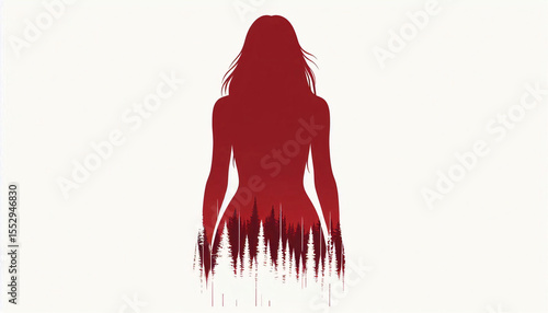 Abstract red woman silhouette fading into forest, symbol for National Day of Awareness of missing Indigenous women