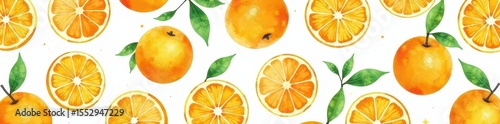 Watercolor orange seamless pattern White background, juicy citrus fruit , food, bright