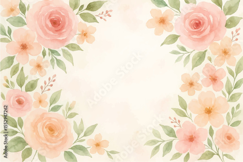 Vintage floral background with romantic pink roses, elegant frame, and decorative hearts for a wedding or Valentine's Day card design