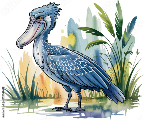 A formidable shoebill stork stands in a marshy environment in this detailed watercolor illustration.