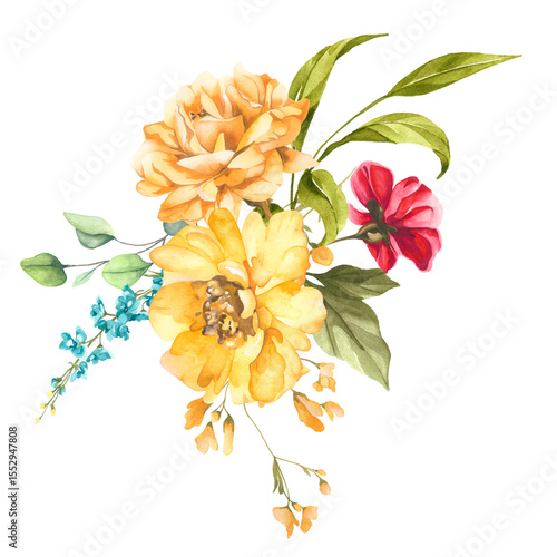 Fototapeta Naklejka Na Ścianę i Meble -  Yellow roses, crimson petals, and soft blue blossoms bloom over rich greenery set on a dark canvas for a bold, vivid blend of color and botanical rhythm