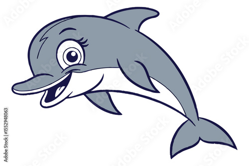 Playful gray cartoon dolphin smiles with joy on a bright white background
