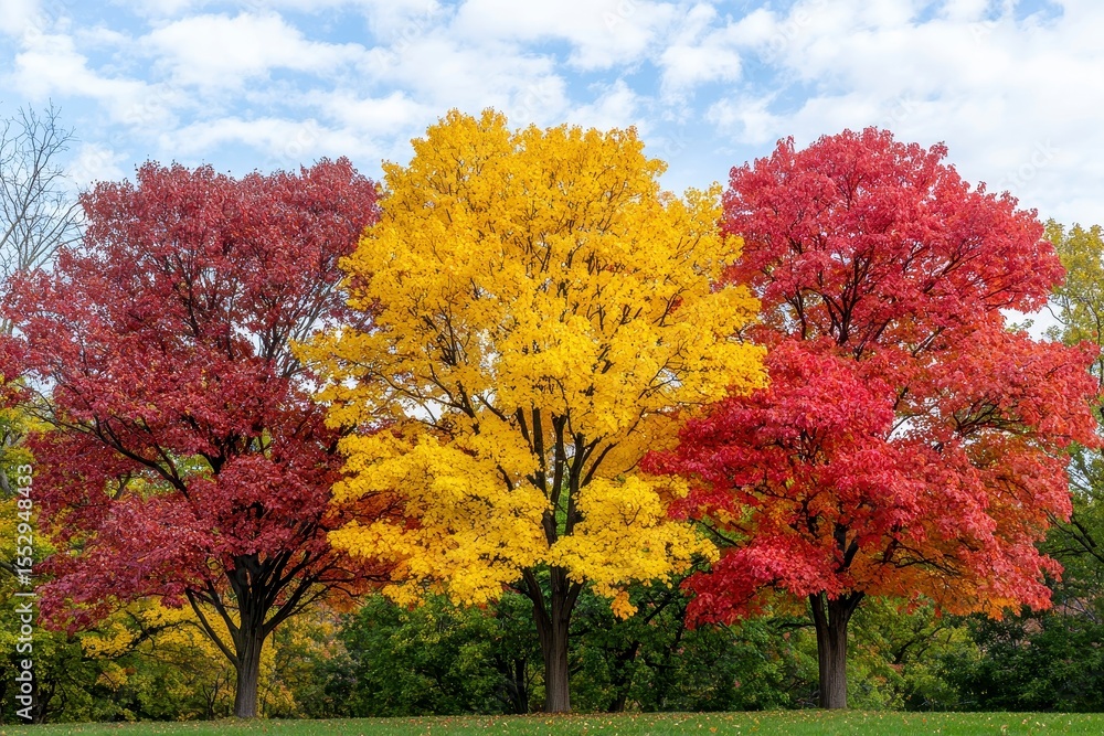 Naklejka premium Three Autumn Trees in Red, Yellow, and Crimson Against a Cloudy Sky