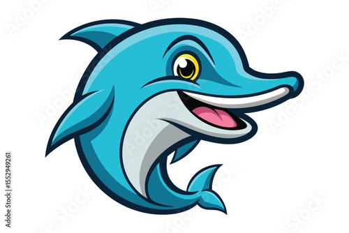 Cartoon dolphin smiles happily with its mouth open and its teeth showing prominently
