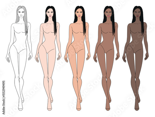 Colored skin tones fashion croquis figurines walking with long braids hair woman in vector.