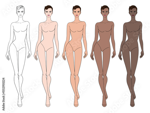 Colored skin tones fashion croquis figurines walking with sculptural updo hair woman in vector.