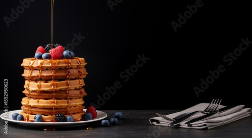 Golden Syrup Drizzles Down a Stack of Buttery Waffles Topped with Fresh Berries