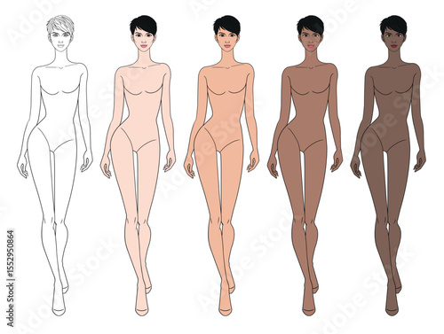 Colored skin tones fashion croquis figurines walking with short hair woman in vector.