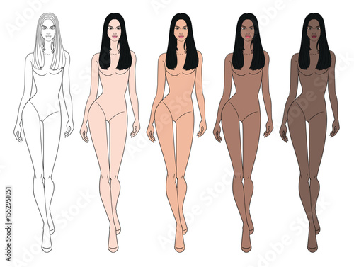 Colored skin tones fashion croquis figurines walking with straight long hair woman in vector.