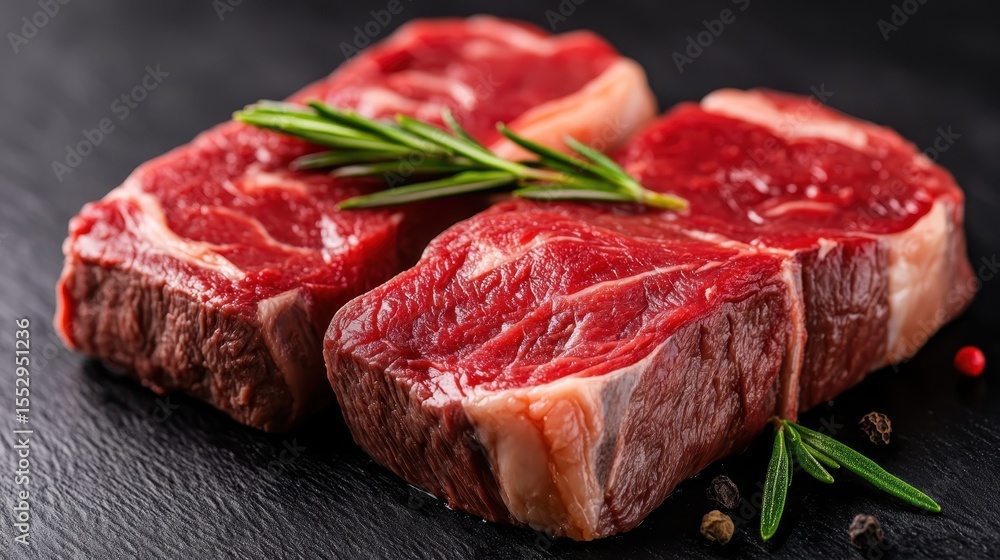 Fototapeta premium Two fresh cuts of premium meat are artistically arranged on a dark slate surface, showcasing their rich color and texture that highlights quality ingredients for culinary delights.