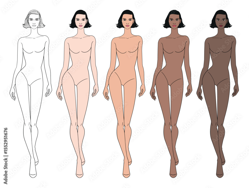 Colored skin tones fashion croquis figurines walking with short hair woman in vector.