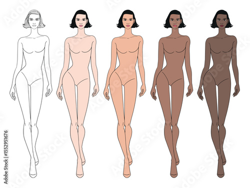 Colored skin tones fashion croquis figurines walking with short hair woman in vector.