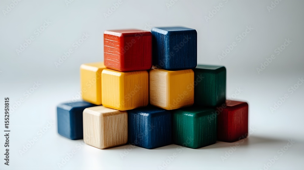 Obraz premium Colorful Wooden Blocks Stacked in a Pyramid Arrangement on White Background