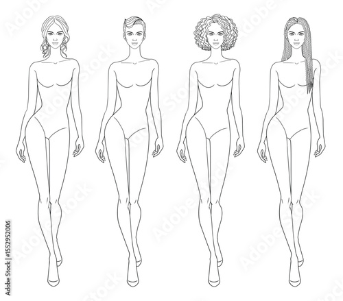 Fashion outline sketch croquis figurines female body walking with different hairs in vector.