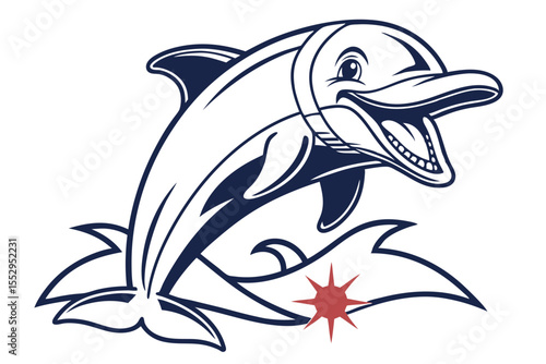 Cheerful dolphin crest leaps from ocean waves near red star isolated perfectly