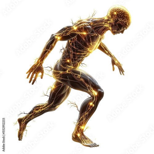 Human Anatomy in Motion Nerves and Nervous System 3D Render Glowing on transparent background