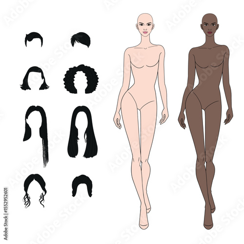 Mix and match Colored skin tones fashion croquis figurines female body walking with different hairs in vector.
