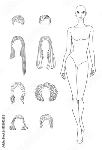 Mix and Match Fashion outline sketch croquis figurines female body walking with different hairs in vector.