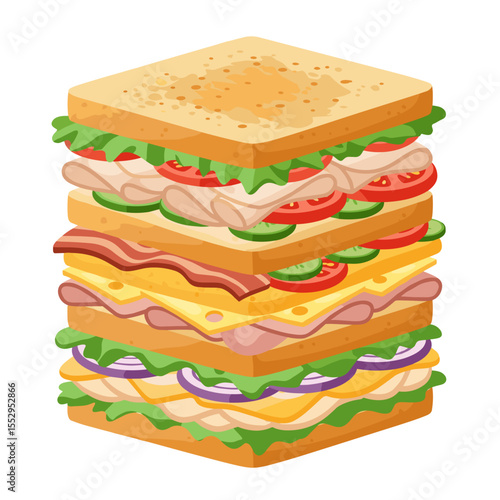 Club sandwich with multiple layers of fillings in a fresh green, red, and yellow color palette