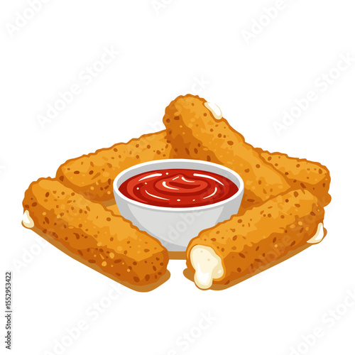 Mozzarella sticks with dipping sauce in a warm golden and red color palette