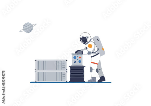 Astronaut carefully stores a sample in a lab container, showcasing scientific exploration. Clean, modern design with a space backdrop.