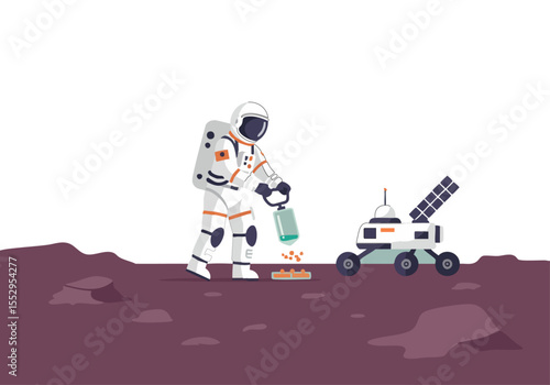 Astronaut analyzes lunar sample on Mars. A detailed illustration showcases a space explorer collecting a rock with a robotic rover in a reddish landscape. Modern, clean style.