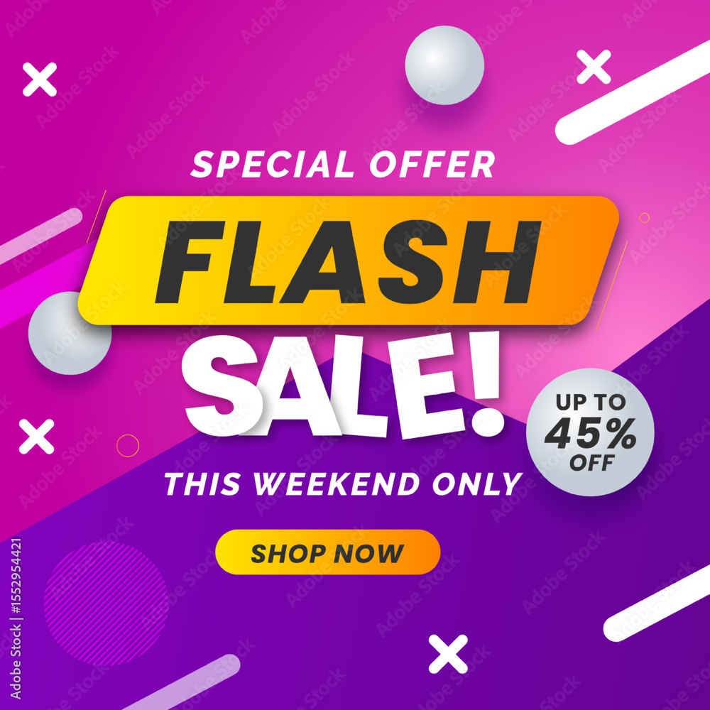 Naklejka premium Flash Sale Banner in pink and purple background and white stripe with up to 45% off. Illustration. Special Offer. Shop Now. Vector. This Weekend Only. 45% off.