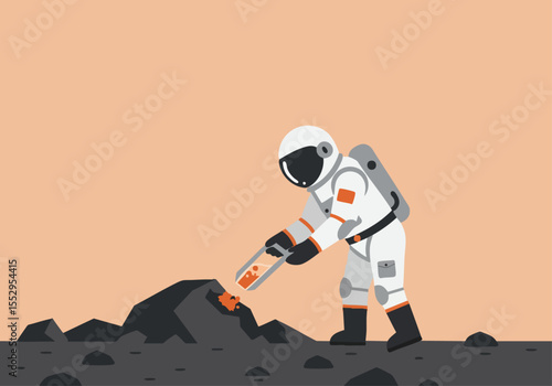 Astronaut collects samples on a barren planet. A clean, graphic illustration showcases exploration and scientific discovery. Modern, minimalist style.