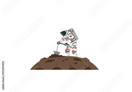 Astronaut collects soil on a lunar surface. A clean, minimalist illustration depicting space exploration and scientific research. Perfect for science, technology, and space-themed visuals.